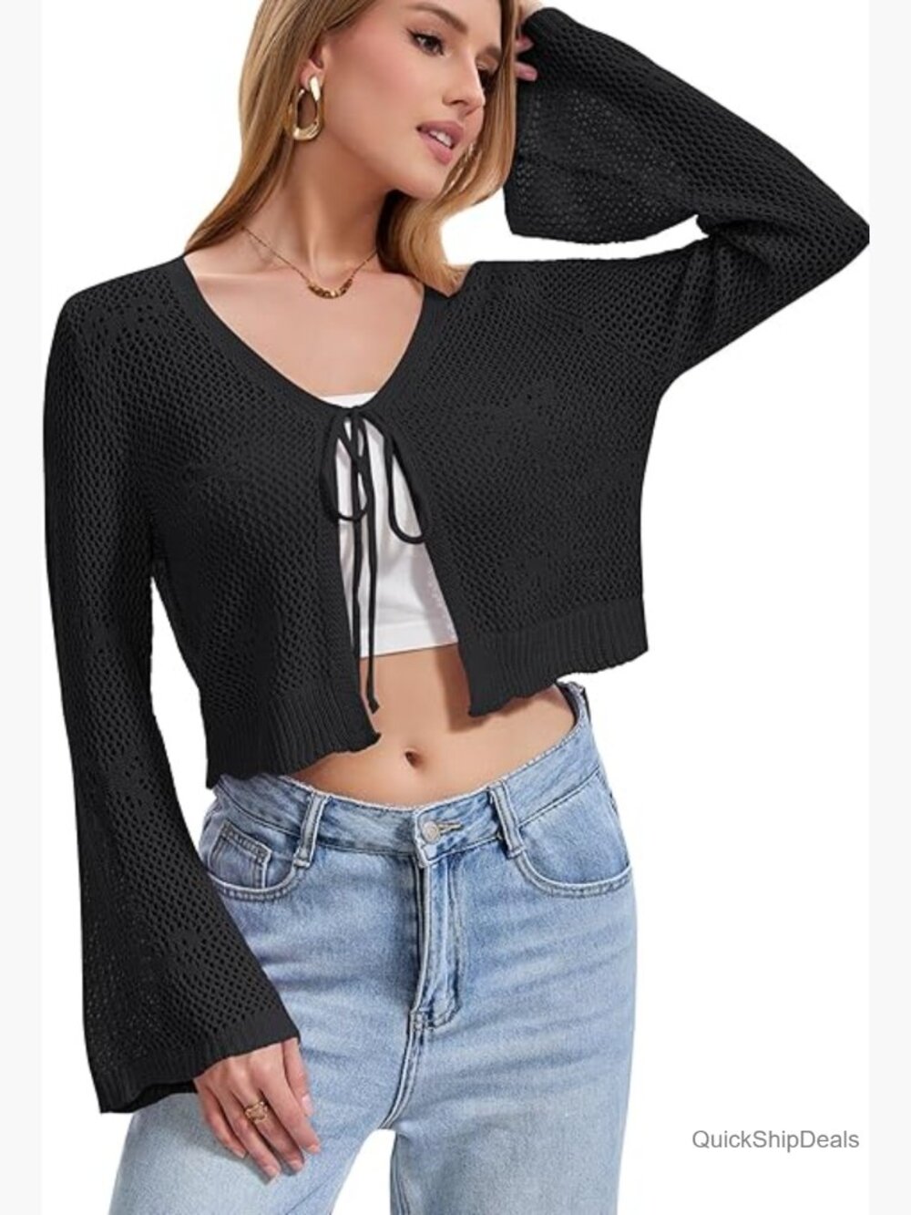 Crochet Cardigan Sweater Tie Front Shrug Bell Sleeve Cropped Top